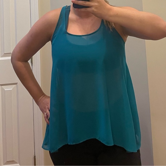Lush Turqoise Flowy Sheer Raceback Top Sz S - Picture 2 of 7